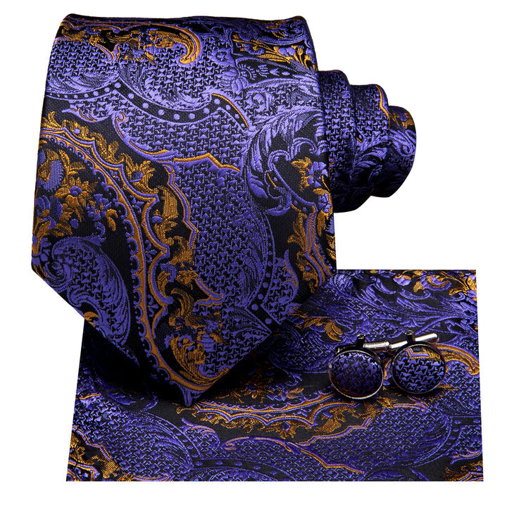 Black Purple Paisley Men's Necktie Pocket Square Cufflinks Set
