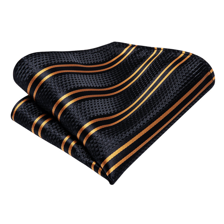 Mens Black Tie Golden Striped Necktie Pocket Square Cufflinks Set