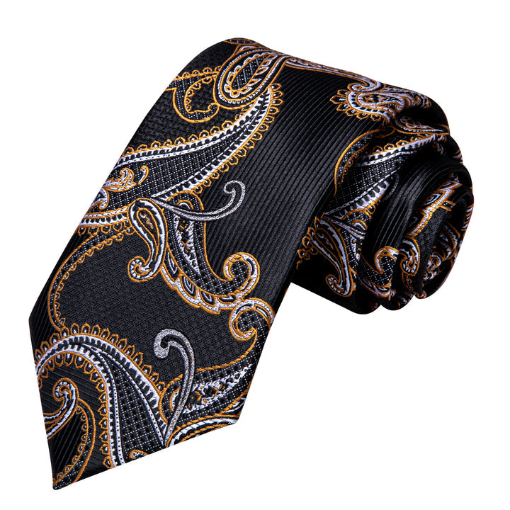 Black Golden Paisley Necktie Pocket Square Cufflinks Set