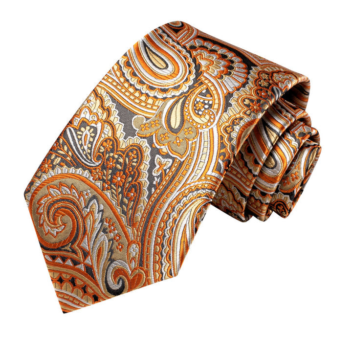 Paisley Tie Mens Gold Silk Necktie Pocket Square Cufflinks Set for Business