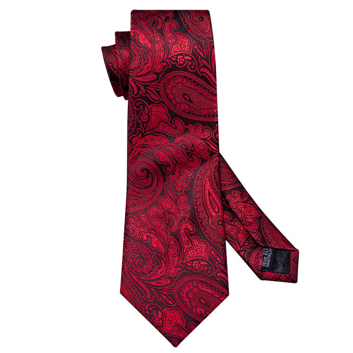 Black Red Paisley Necktie Pocket Square Cufflinks Set