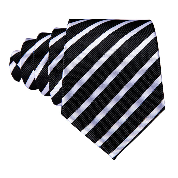 Black White Striped Necktie Pocket Square Cufflinks Set