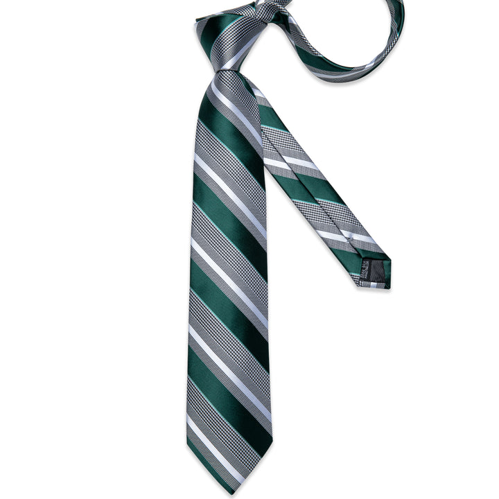 Mens Formal Tie Hunter Green Striped Necktie Pocket Square Cufflinks Set