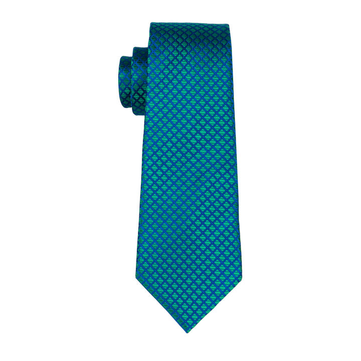 Teal Blue Plaid Tie Pocket Square Cufflinks Set