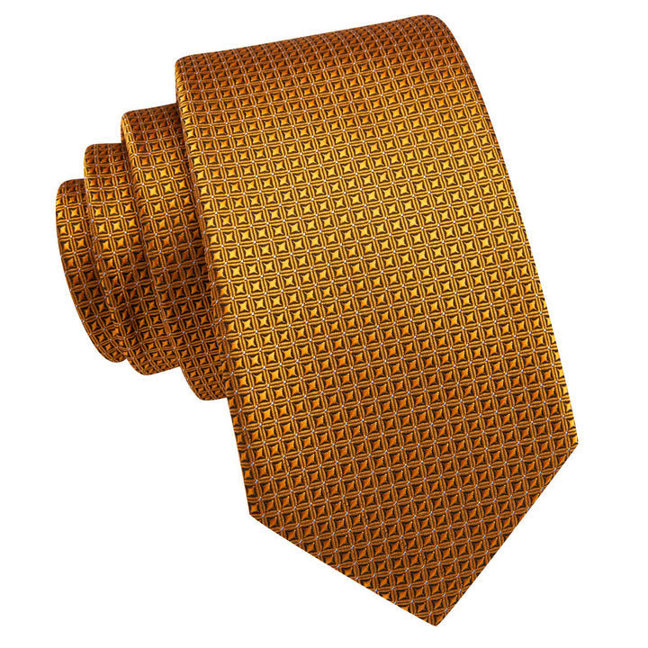 Silk Gold Necktie Plaid Formal Tie Handkerchief Cufflinks Set for Men