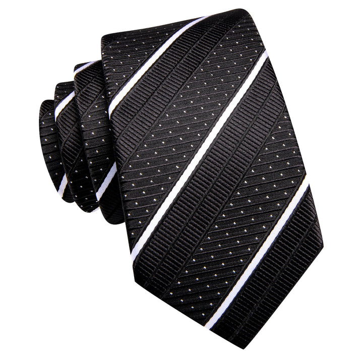 Silk Black Necktie White Striped Business Tie Pocket Square Cufflinks Set