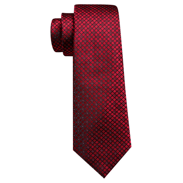 Red Tie Plaid Men's Necktie Pocket Square Cufflinks Set with Lapel Pin