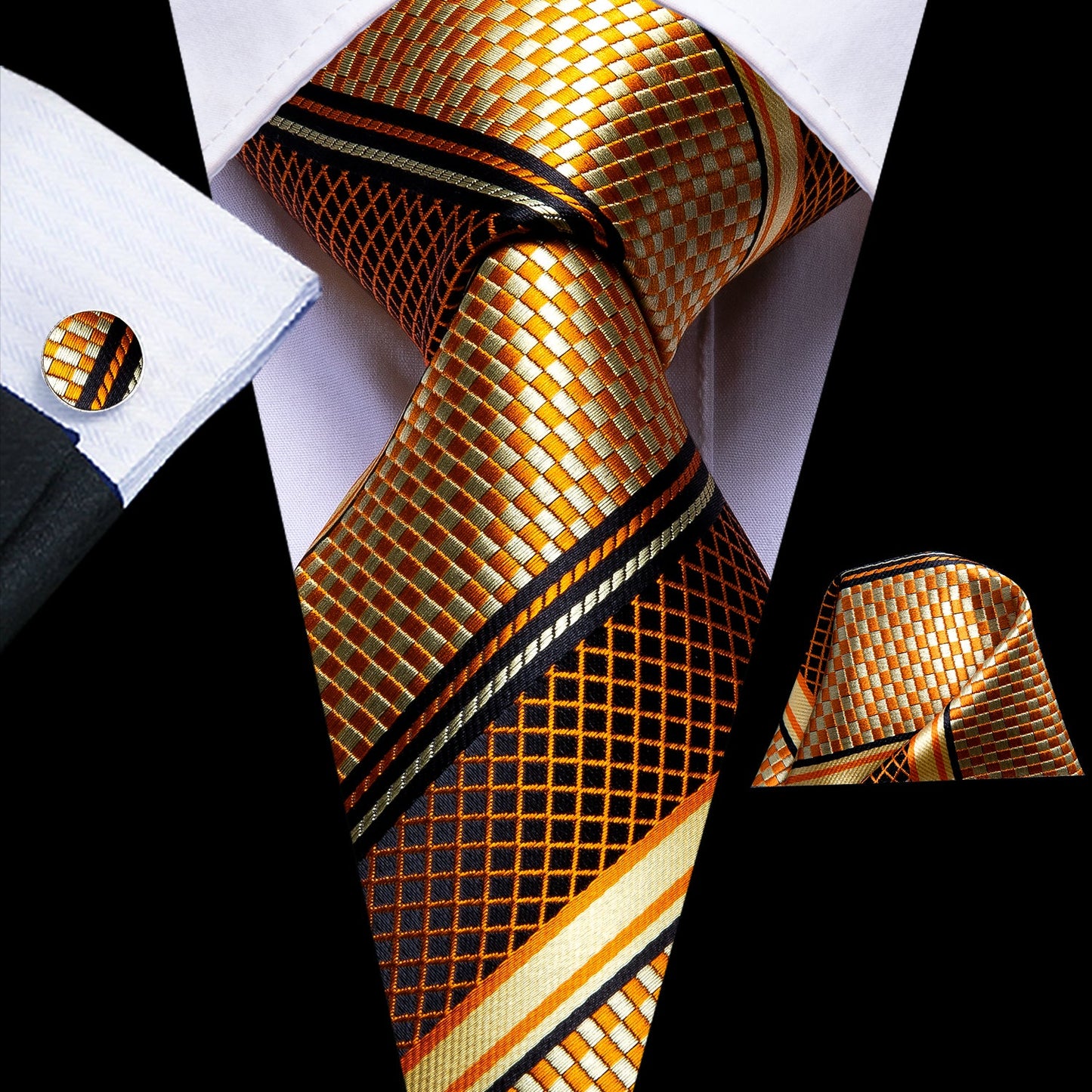 Gold Tie Plaid Formal Silk Necktie Pocket Square Cufflinks Set for Men