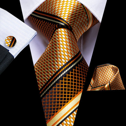 Gold Tie Plaid Formal Silk Necktie Pocket Square Cufflinks Set for Men