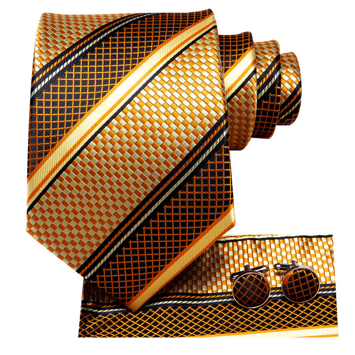 Gold Tie Plaid Formal Silk Necktie Pocket Square Cufflinks Set for Men