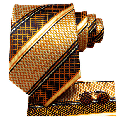 Gold Tie Plaid Formal Silk Necktie Pocket Square Cufflinks Set for Men