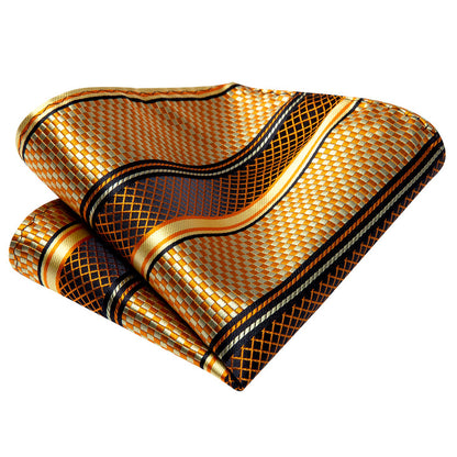 Gold Tie Plaid Formal Silk Necktie Pocket Square Cufflinks Set for Men
