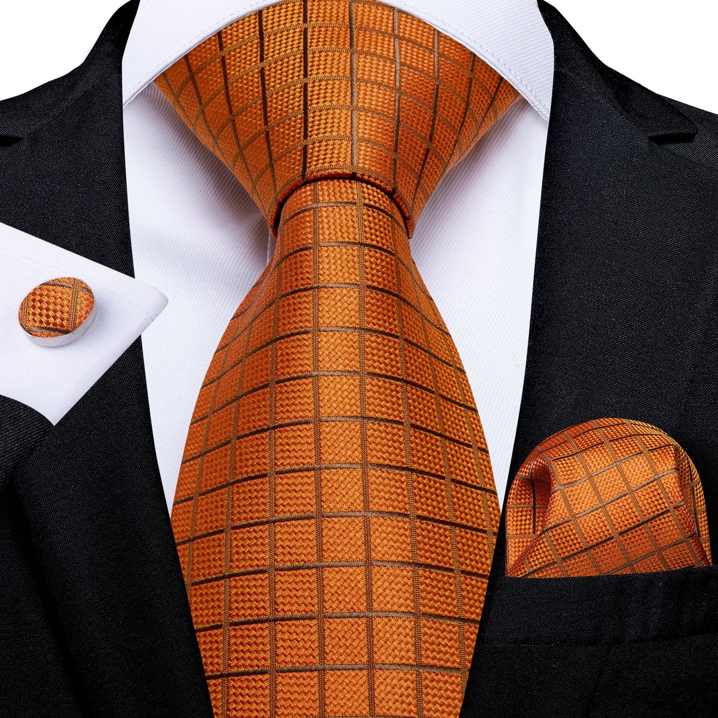 Orange Plaid Silk Mens Tie Mens Silk Formal Necktie Pocket Square Cufflinks Set