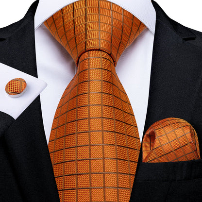 Orange Plaid Silk Mens Tie Mens Silk Formal Necktie Pocket Square Cufflinks Set