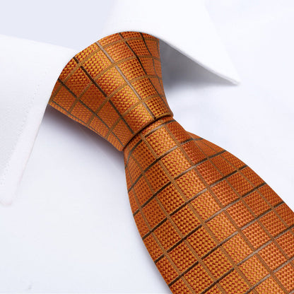 Orange Plaid Silk Mens Tie Mens Silk Formal Necktie Pocket Square Cufflinks Set