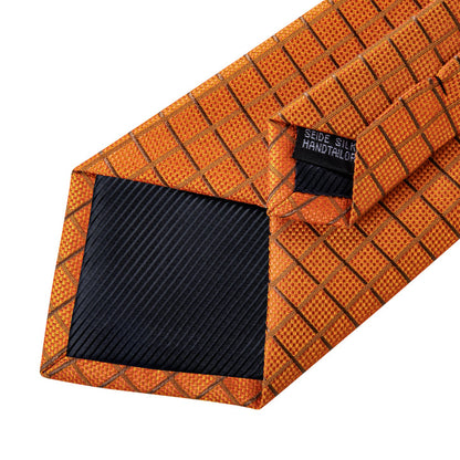 Orange Plaid Silk Mens Tie Mens Silk Formal Necktie Pocket Square Cufflinks Set