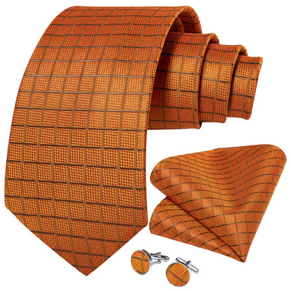 Orange Plaid Silk Mens Tie Mens Silk Formal Necktie Pocket Square Cufflinks Set