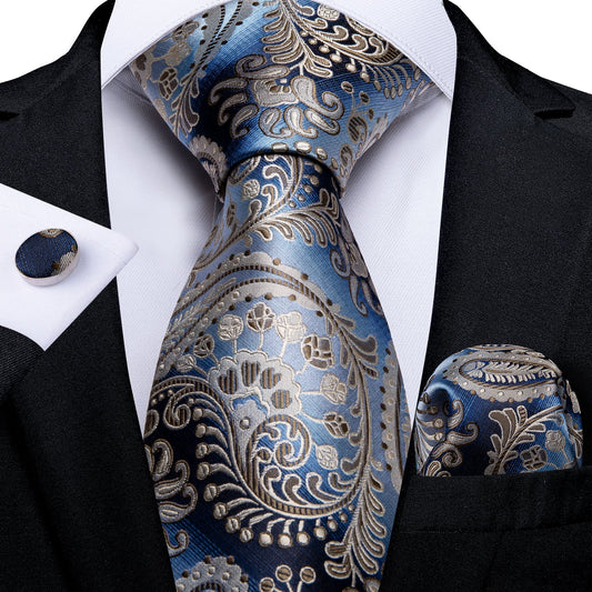 Gradient Brown Blue Paisley Tie Pocket Square Cufflinks Set
