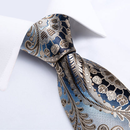 Gradient Brown Blue Paisley Tie Pocket Square Cufflinks Set
