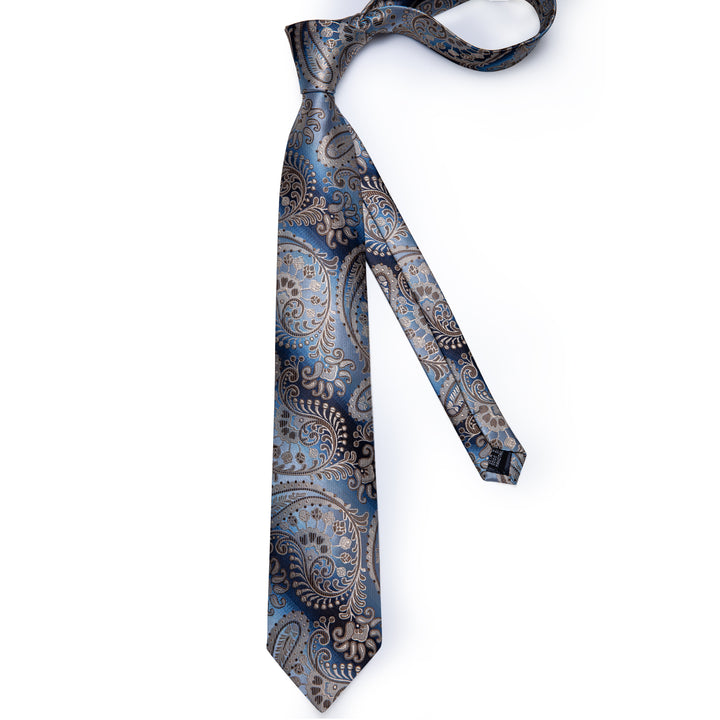 Gradient Brown Blue Paisley Tie Pocket Square Cufflinks Set