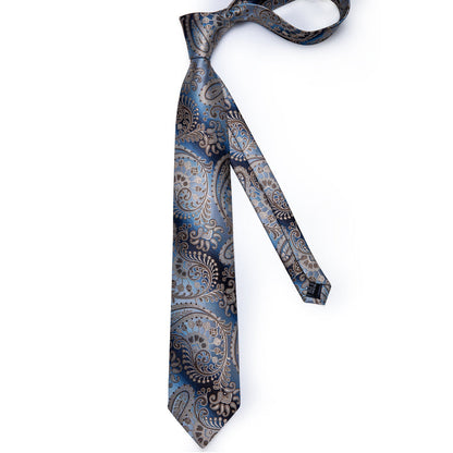 Gradient Brown Blue Paisley Tie Pocket Square Cufflinks Set