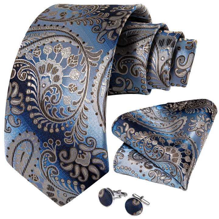Gradient Brown Blue Paisley Tie Pocket Square Cufflinks Set