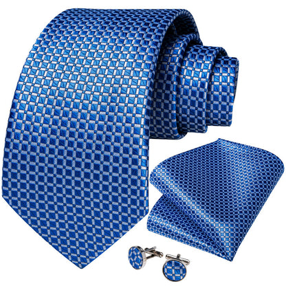 Blue Plaid Necktie Mens Silk Formal Tie Pocket Square Cufflinks Set