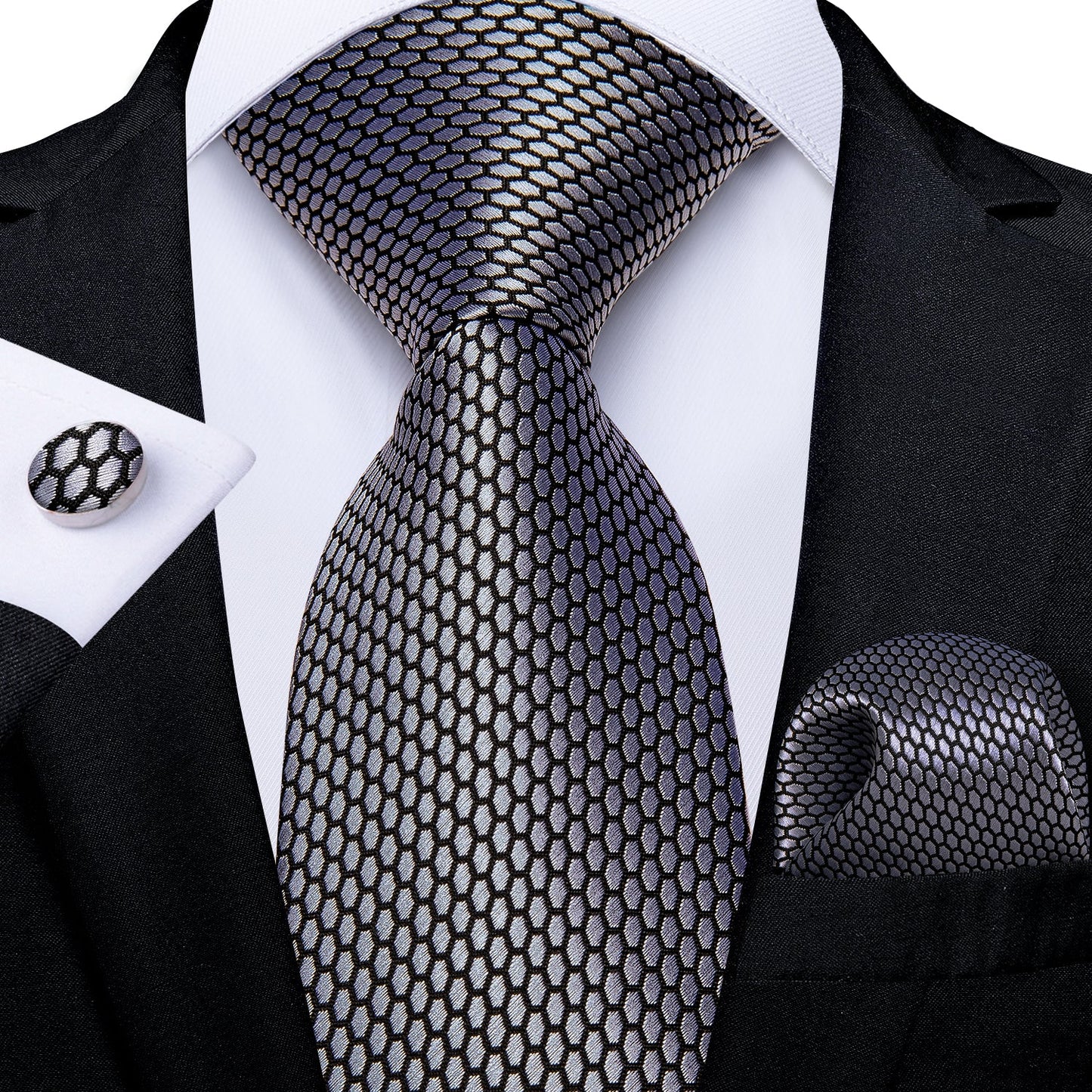 Grey Geometric Plaid Tie Pocket Square Cufflinks Set