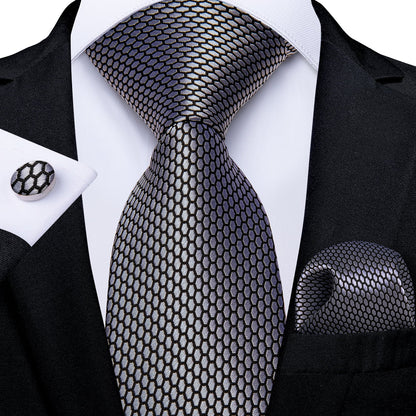Grey Geometric Plaid Tie Pocket Square Cufflinks Set
