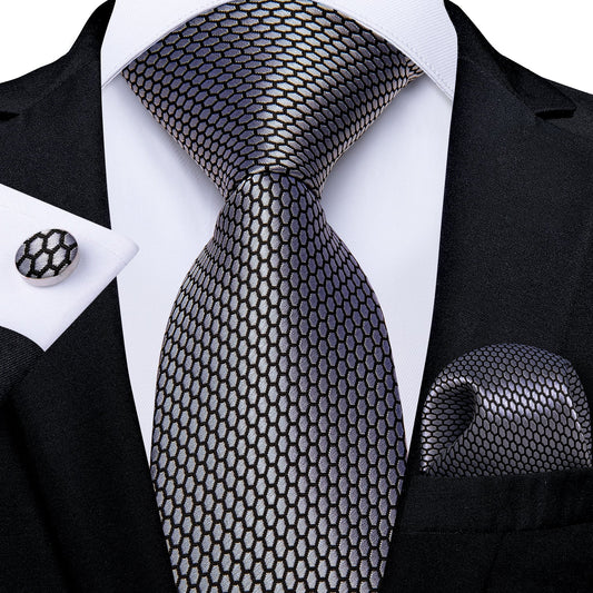 Grey Geometric Plaid Tie Pocket Square Cufflinks Set