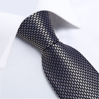 Grey Geometric Plaid Tie Pocket Square Cufflinks Set