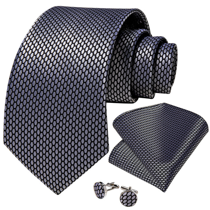 Grey Geometric Plaid Tie Pocket Square Cufflinks Set