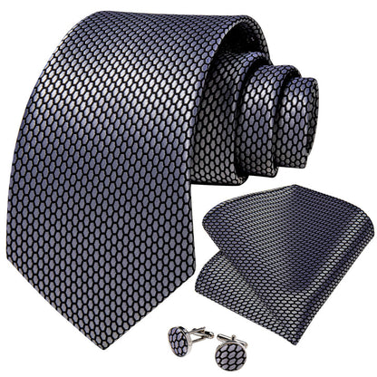 Grey Geometric Plaid Tie Pocket Square Cufflinks Set