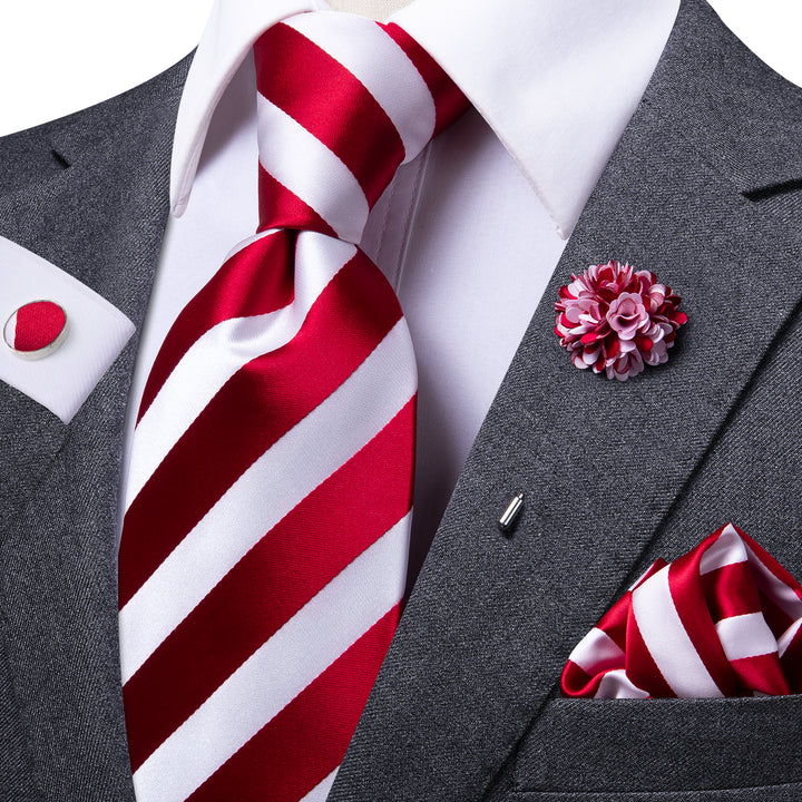 Striped Tie for Men Red White Silk Business Necktie Hanky Cufflinks Set