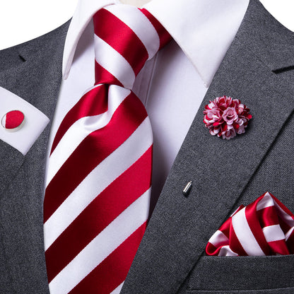 Striped Tie for Men Red White Silk Business Necktie Hanky Cufflinks Set
