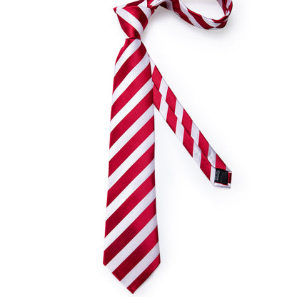Striped Tie for Men Red White Silk Business Necktie Hanky Cufflinks Set