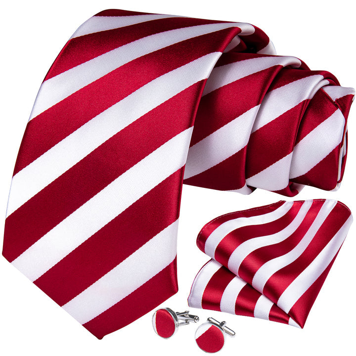 Striped Tie for Men Red White Silk Business Necktie Hanky Cufflinks Set