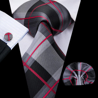 Black Grey Red Plaid Men's Tie Set Tie Pocket Square Cufflinks Set