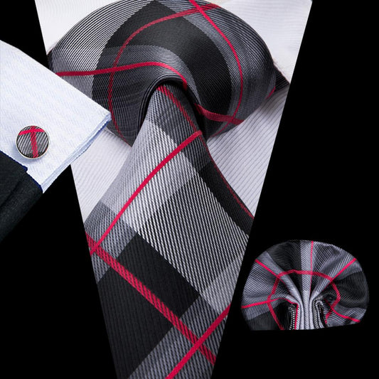 Black Grey Red Plaid Men's Tie Set Tie Pocket Square Cufflinks Set