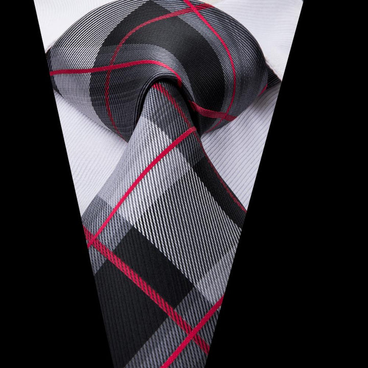 Black Grey Red Plaid Men's Tie Set Tie Pocket Square Cufflinks Set