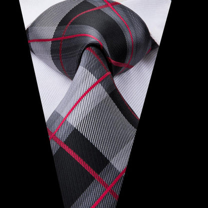 Black Grey Red Plaid Men's Tie Set Tie Pocket Square Cufflinks Set