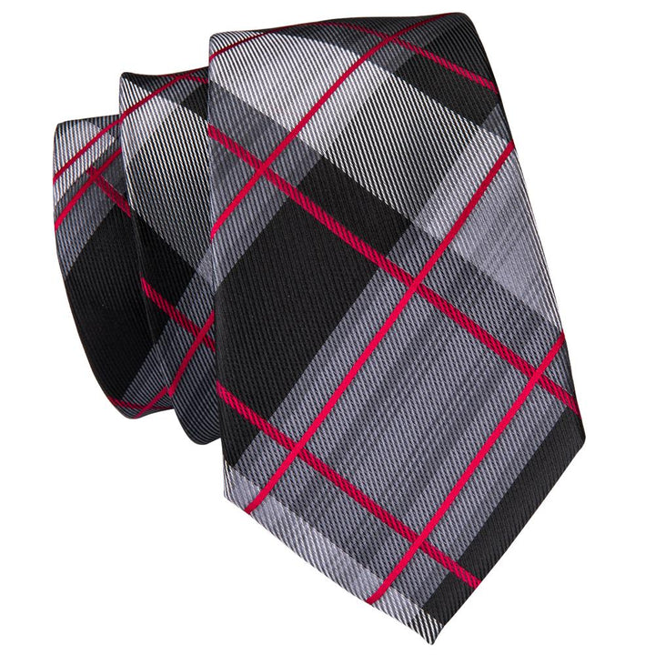 Black Grey Red Plaid Men's Tie Set Tie Pocket Square Cufflinks Set