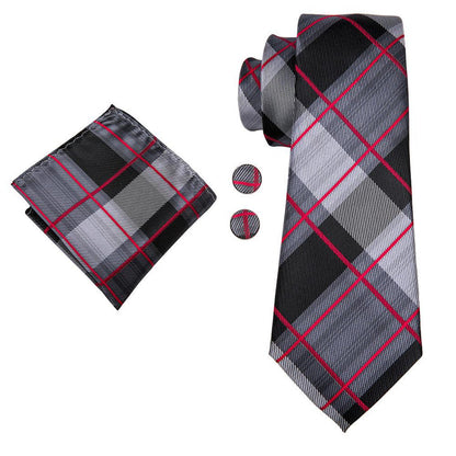Black Grey Red Plaid Men's Tie Set Tie Pocket Square Cufflinks Set