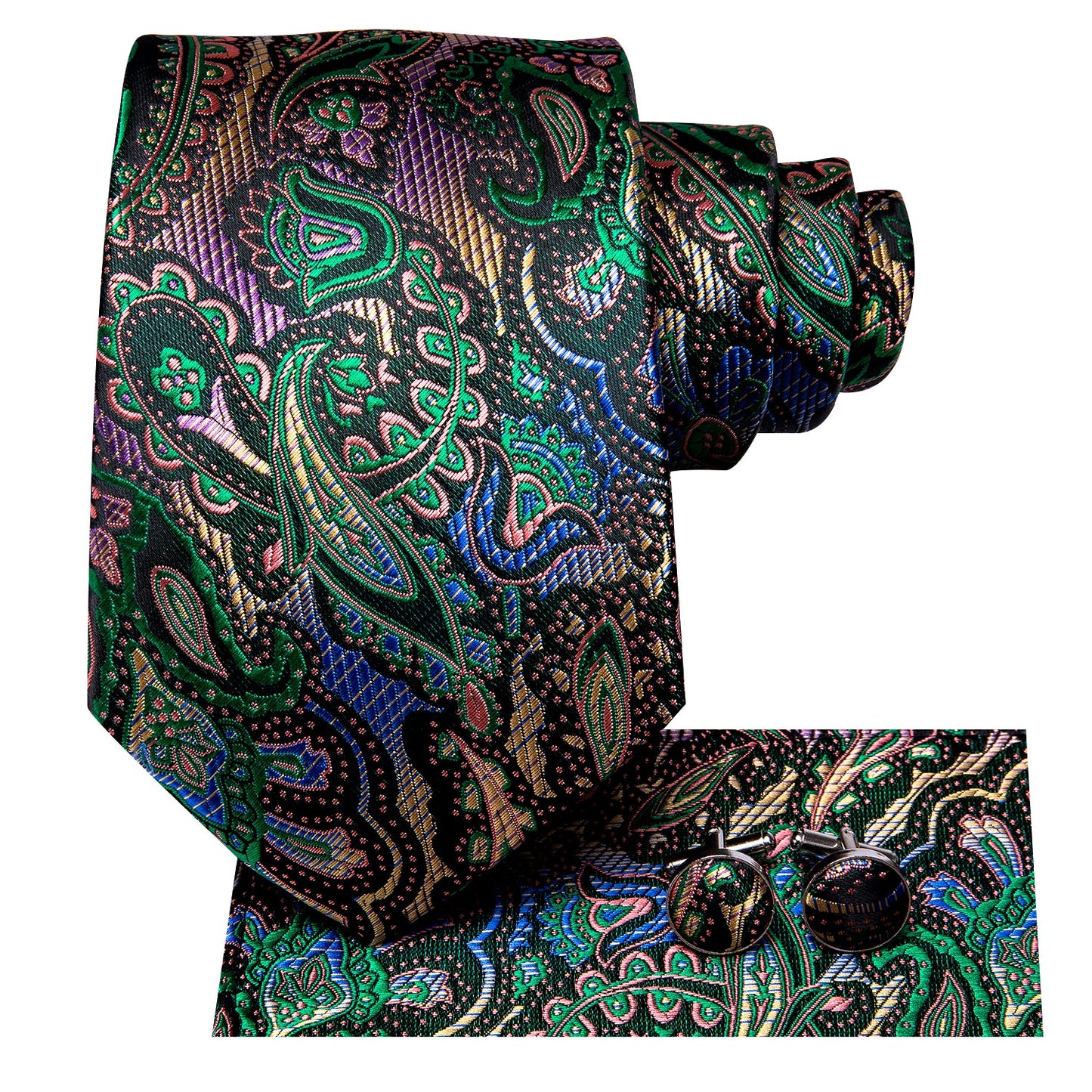 Mens Paisley Necktie Formal Green Suit Tie Handkerchief Cufflinks Set