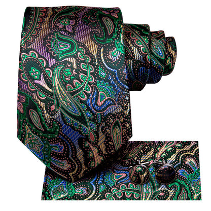 Mens Paisley Necktie Formal Green Suit Tie Handkerchief Cufflinks Set