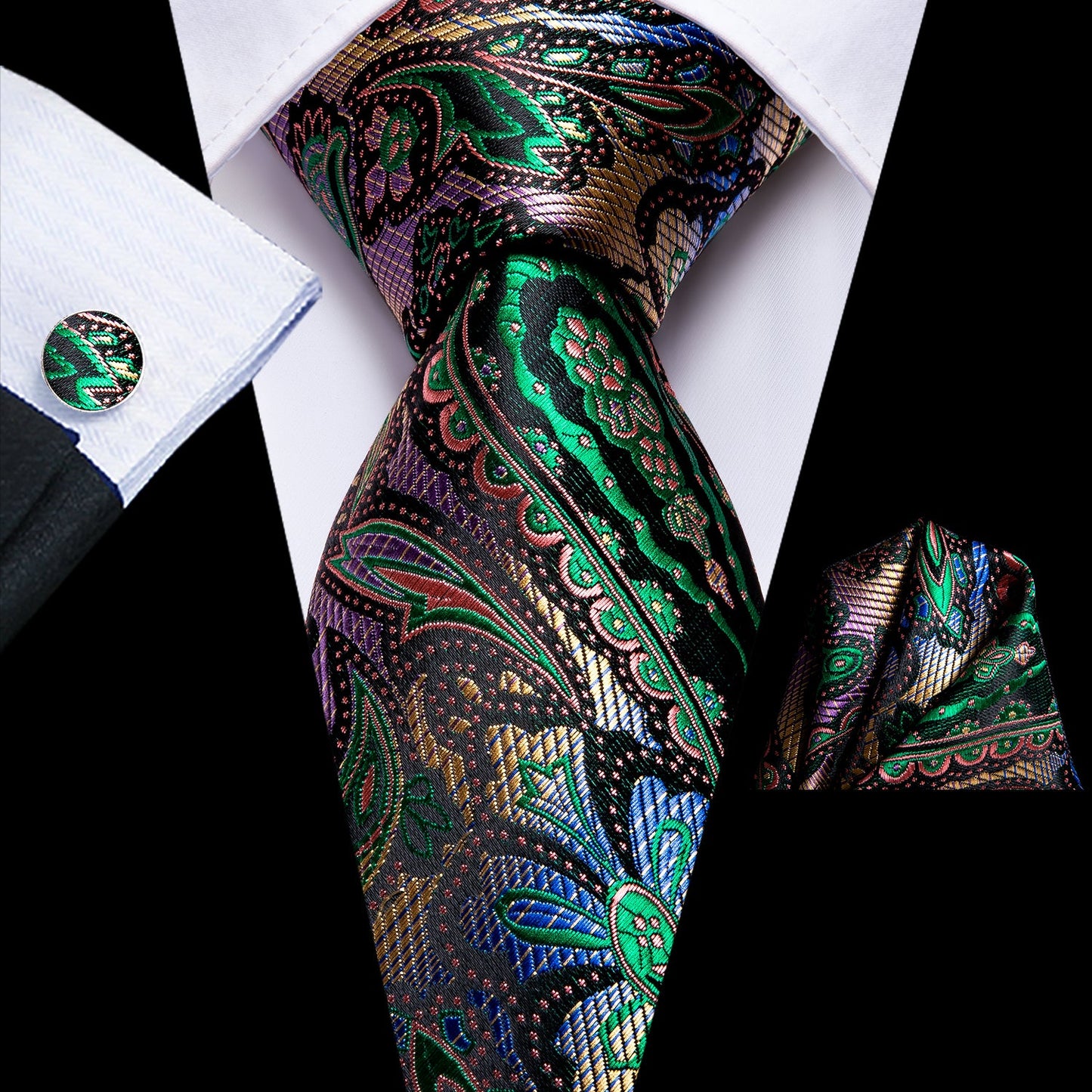 Mens Paisley Necktie Formal Green Suit Tie Handkerchief Cufflinks Set