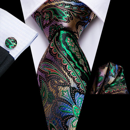 Mens Paisley Necktie Formal Green Suit Tie Handkerchief Cufflinks Set