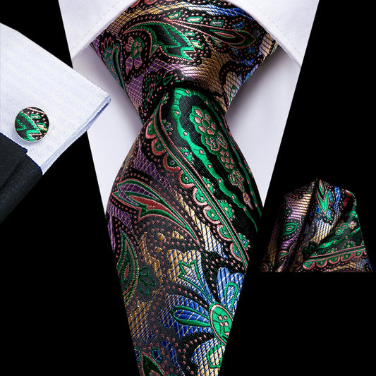 Mens Paisley Necktie Formal Green Suit Tie Handkerchief Cufflinks Set