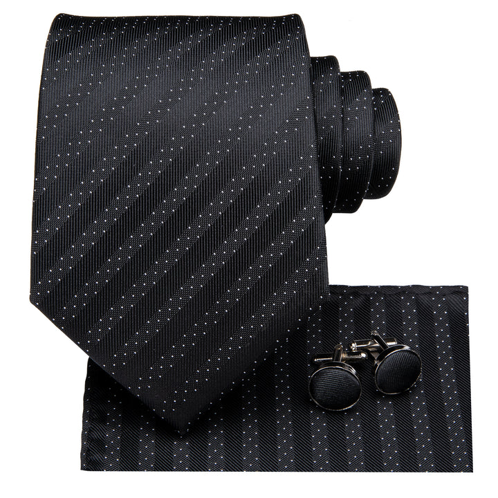 Black Polka Dot Striped Mens's Tie Pocket Square Cufflinks Set