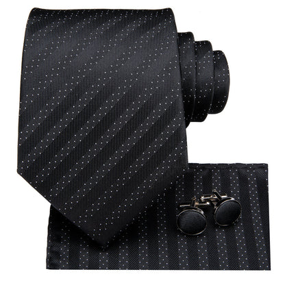 Black Polka Dot Striped Mens's Tie Pocket Square Cufflinks Set